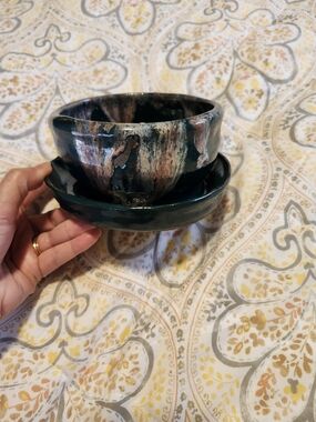 Handmade Dark Teal and Rose Ceramic Planter